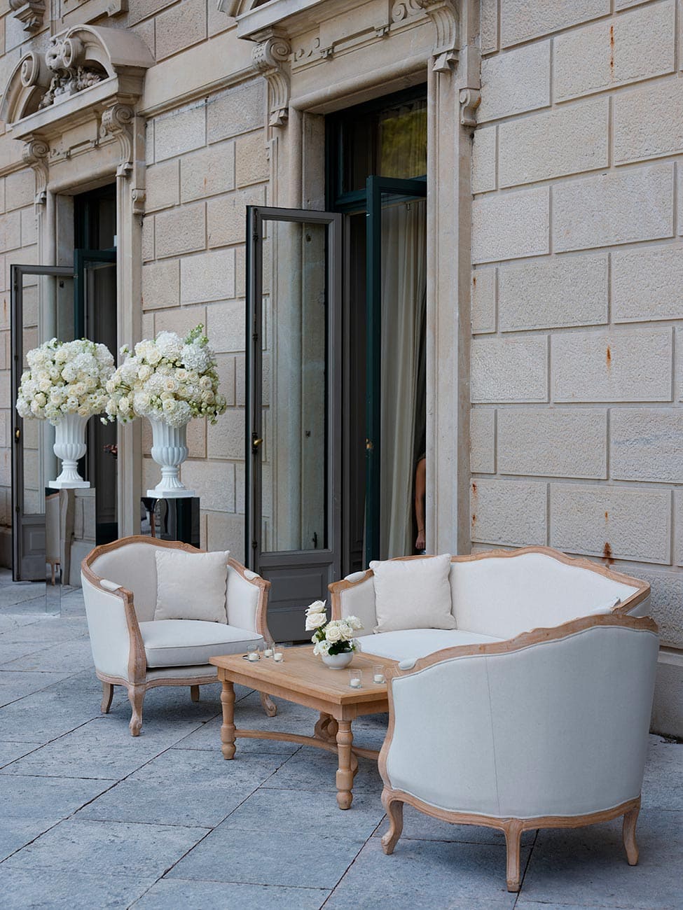 Outdoor wedding lounge seating at Villa Erba