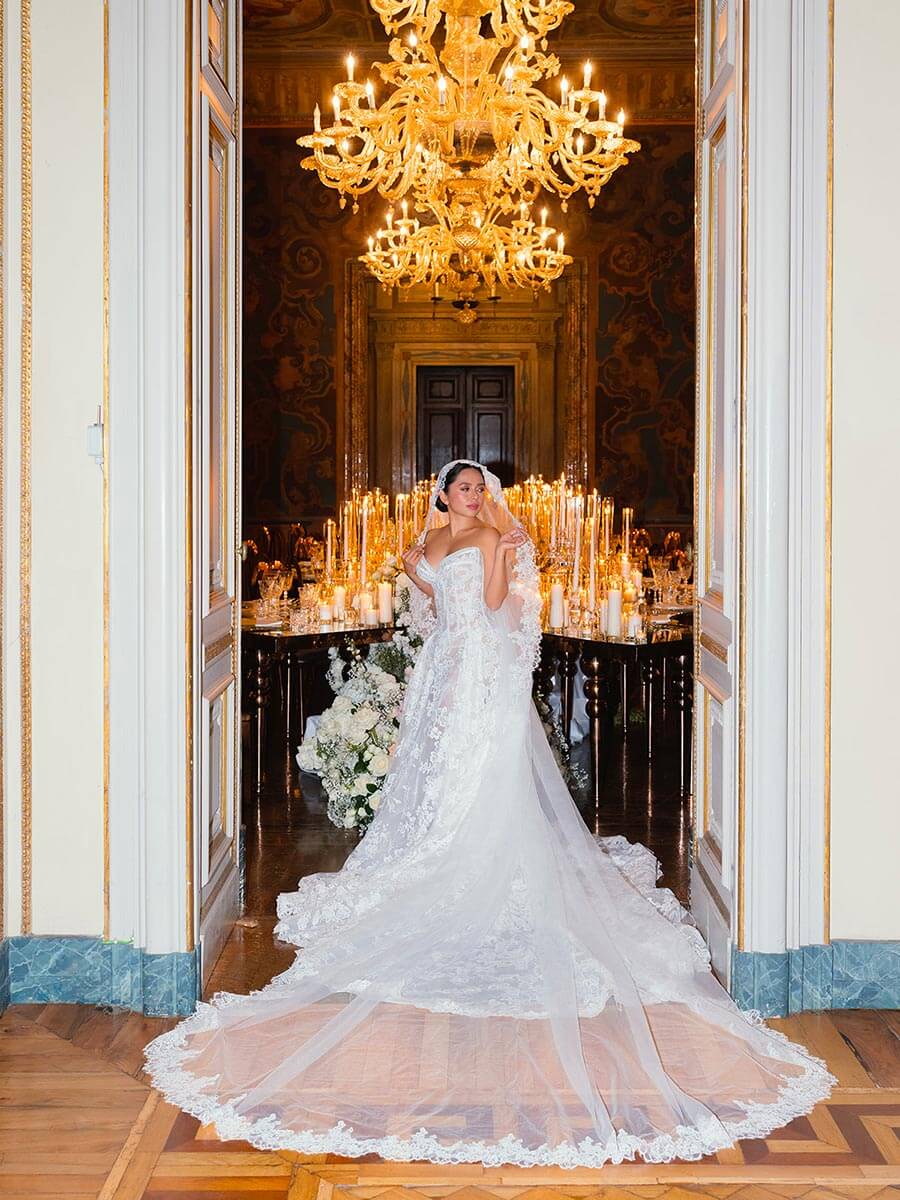 Bride in Lace Gown framed in Villa Erba - Kirshia & Ranvin